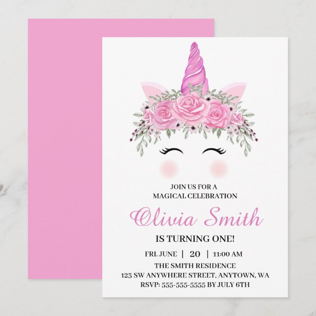 Cute Unicorn Birthday Party With Pink Name Invitation (Front/Back)