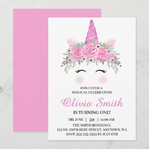 Cute Unicorn Birthday Party With Pink Name Invitation