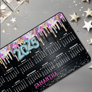 Cute unicorn black glitter birthday monogram 2025 desk mat