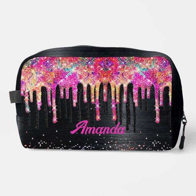 Cute unicorn black glitter birthday monogram acces dopp kit (Front)