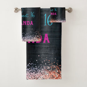 Cute unicorn black glitter birthday monogram bath towel set