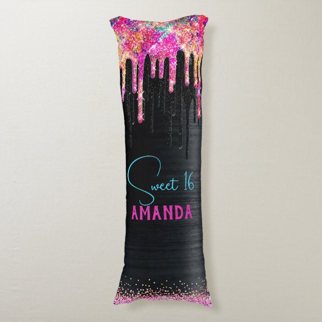 Cute unicorn black glitter birthday monogram body pillow (Front Vertical)