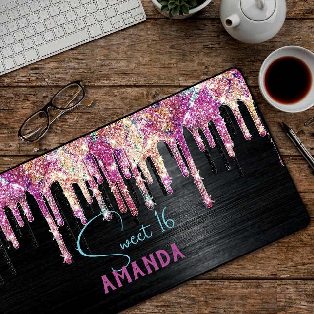 Cute unicorn black glitter birthday monogram desk mat (Creator Uploaded)