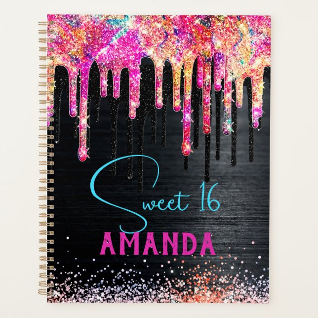 Cute unicorn black glitter birthday monogram planner (Front)