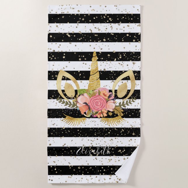 Cute Unicorn,Black White Striped   -Personalized Beach Towel (Front)