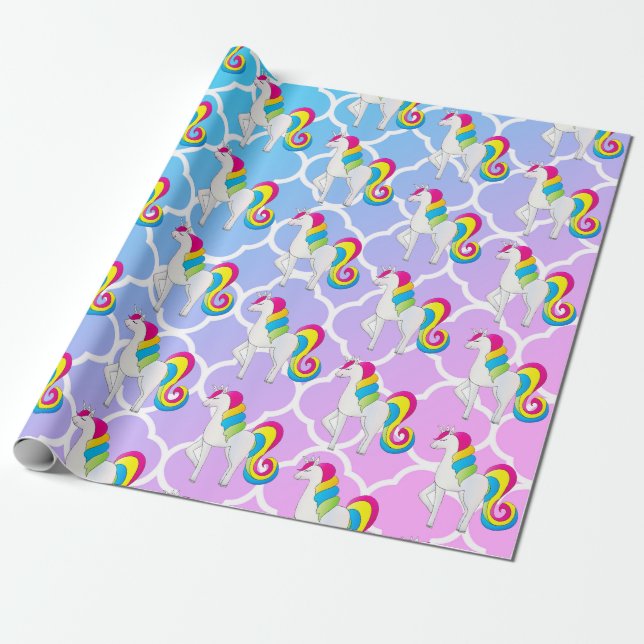 Cute Unicorn Blue and Pink Quatrefoil Wrapping Paper (Unrolled)