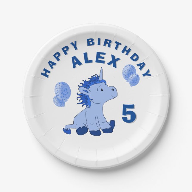 Cute Unicorn Blue Boy`s Birthday Party Paper Plate (Front)