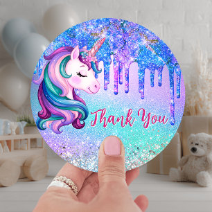 Cute Unicorn blue green drip birthday Classic Round Sticker