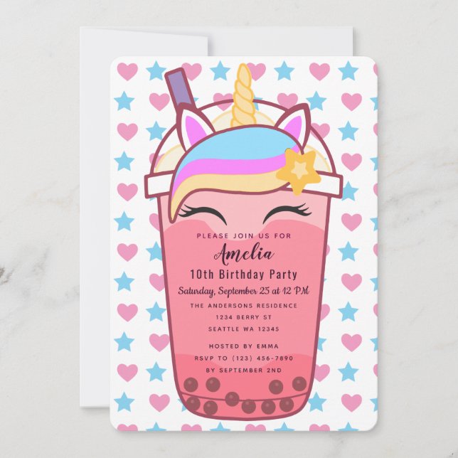 Cute Unicorn Boba Thé Anniversaire Invitation (Devant)