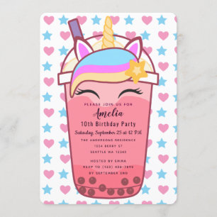 Cute Unicorn Boba Thé Anniversaire Invitation