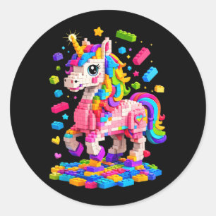 Cute Unicorn Building Bricks Blocks Toy Kids Classic Round Sticker