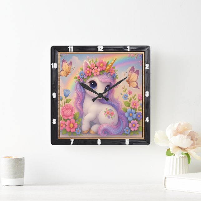 Cute Unicorn Butterfly Rainbow Square Wall Clock (Home)