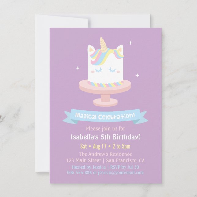Cute Unicorn Cake Girls Birthday Party Invitations (Front)