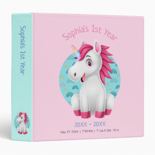 Cute Unicorn Cartoon, DIY Name, Date, Pale Pink Binder