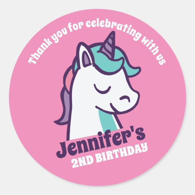 Cute Unicorn Cartoon Girls Birthday Party Favour Classic Round Sticker (Front)