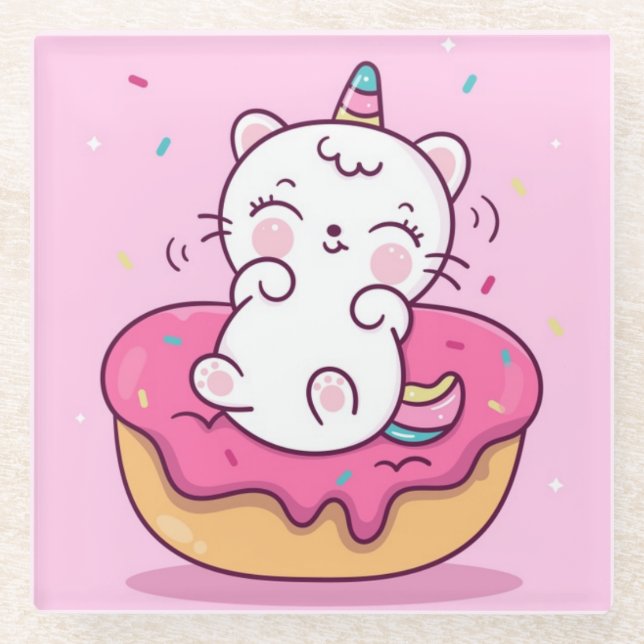 Cute Unicorn Cat Glass Coaster (Front)