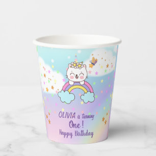 Cute Unicorn Cat on Rainbow Stars 1st Birthday Paper Cups