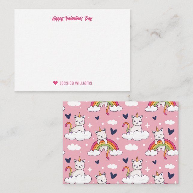 Cute Unicorn Cat Rainbow Cloud Valentine's Day Card (Front/Back)