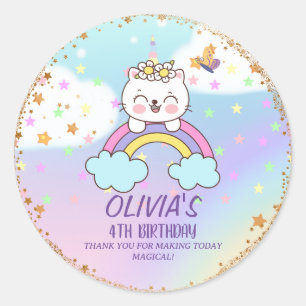 Cute Unicorn Cat Rainbow Girl Birthday Thank You  Classic Round Sticker