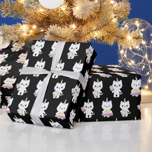 Cute Unicorn Cats Black Patterns Wrapping Paper (Holidays)
