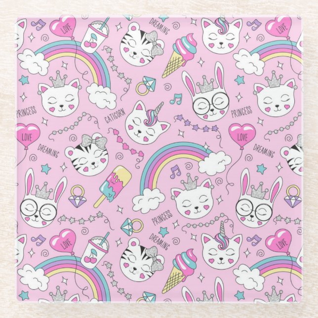 Cute Unicorn Cats Glass Coaster (Front)