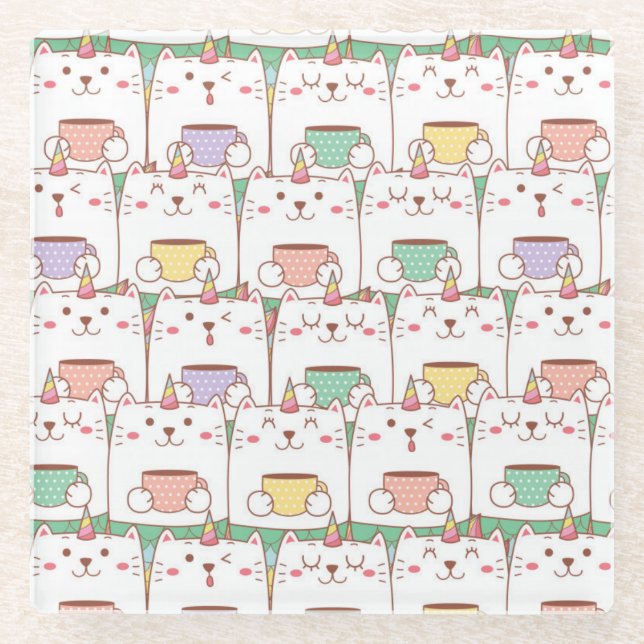 Cute Unicorn Cats Glass Coaster (Front)