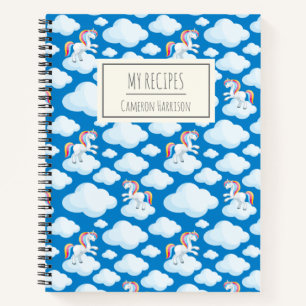 Cute Unicorn Clouds Blue Personalized Kids Recipe Notebook