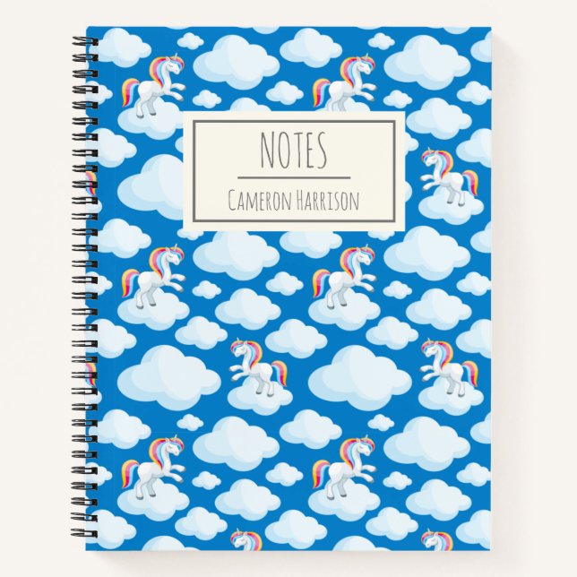 Cute Unicorn Clouds Whimsical Blue Personalized Notebook (Front)