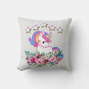 Cute Unicorn, Colourful Stars And Watercolor Flora Throw Pillow