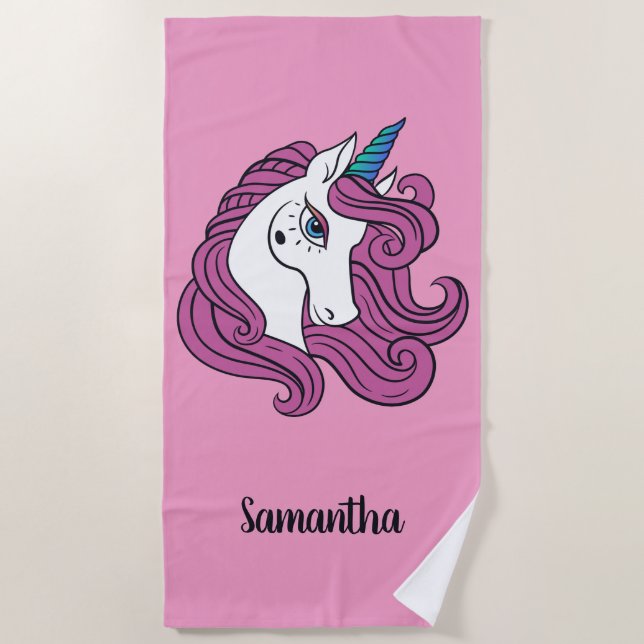 Cute Unicorn custom monogram & colour beach towel (Front)