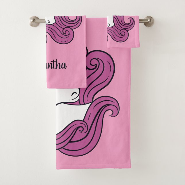 Cute Unicorn custom name & colour towel set (Insitu)