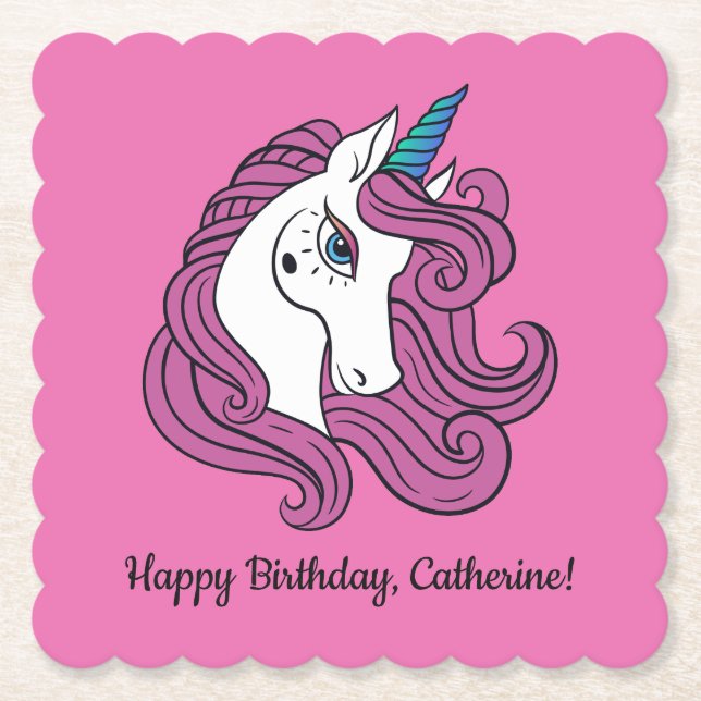 Cute Unicorn custom text & colour paper coasters (Front)