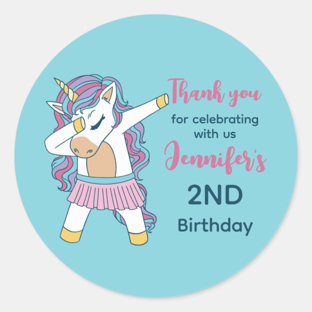 Cute Unicorn Dabbing Kids Birthday Party Favour Classic Round Sticker (Front)