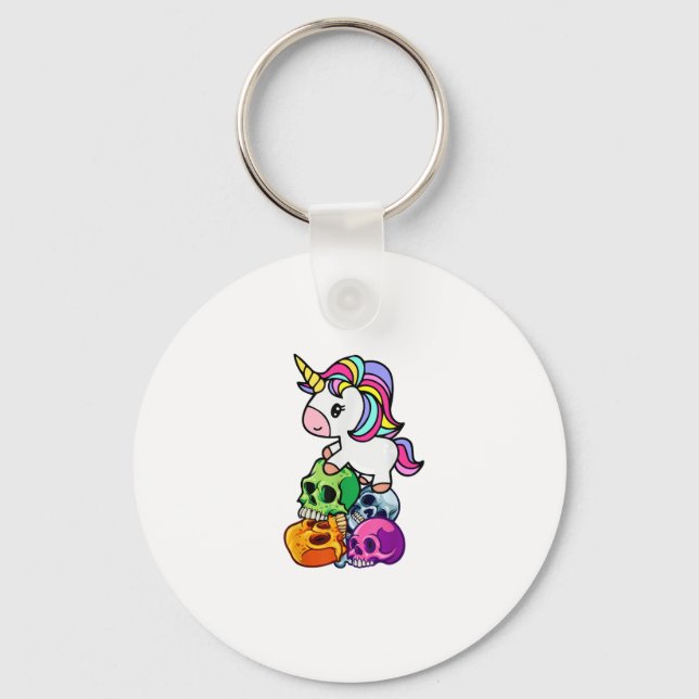 Cute Unicorn & Dead Skulls. Funny Goth Emo Hallowe Keychain (Front)