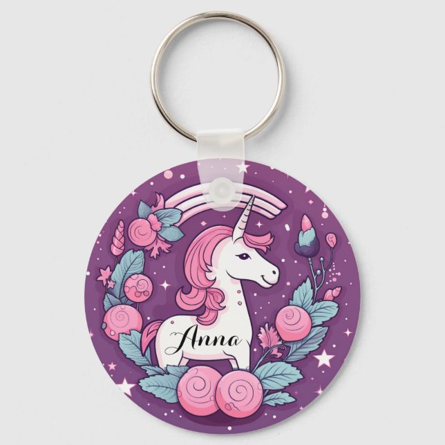 Cute Unicorn Design in Pink Personalized  Keychain (Front)