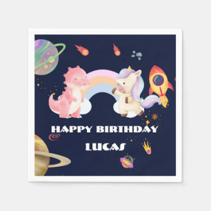 Cute Unicorn Dinosaur Galaxy Rocket birthday party Napkin