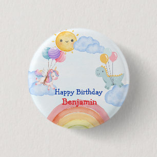 Cute unicorn Dinosaur rainbow Balloon Birthday 1 Inch Round Button