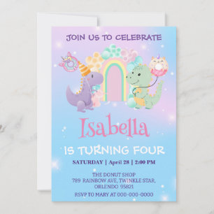 Cute Unicorn Dinosaur Rainbow Doughnut Birthday ki Invitation