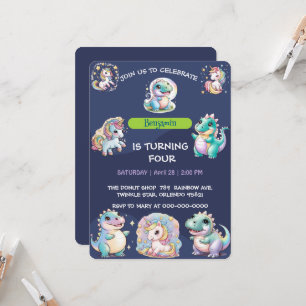 Cute unicorn Dinosaur rainbow friend Birthday kids Invitation
