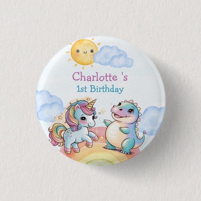 Cute unicorn Dinosaur rainbow friends Birthday par 1 Inch Round Button (Front)