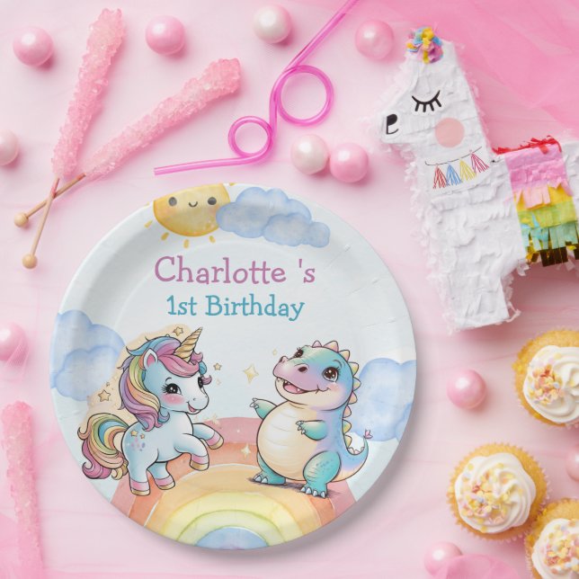 Cute unicorn Dinosaur rainbow friends Birthday par Paper Plate (Party)