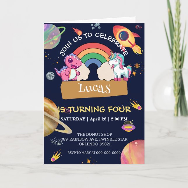 Cute Unicorn Dinosaur rainbow space birthday party Invitation (Front)