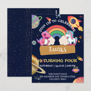 Cute Unicorn Dinosaur rainbow space birthday party Postcard