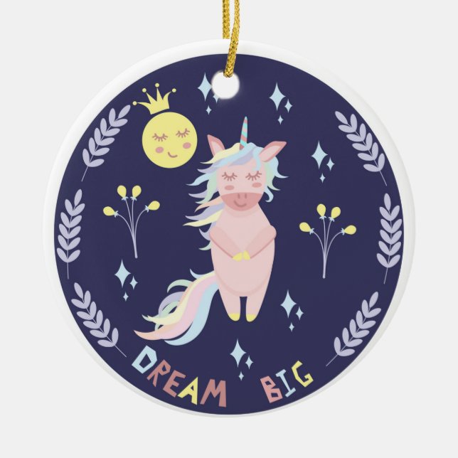 Cute unicorn dream big navy blue ceramic ornament (Front)