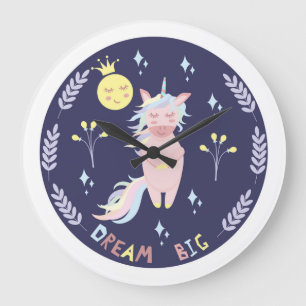 Cute unicorn dream big navy blue large clock