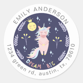 Cute unicorn dream big navy blue return address classic round sticker