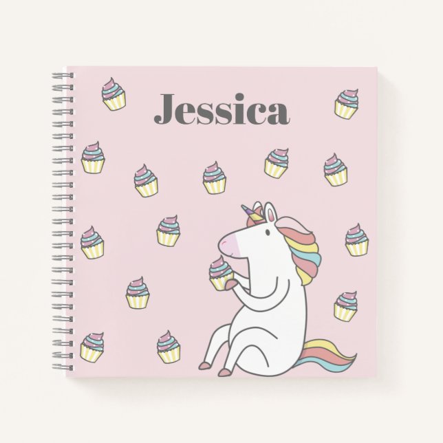 Cute Unicorn Eating Cupcake Pink Personalised Notebook (Front)