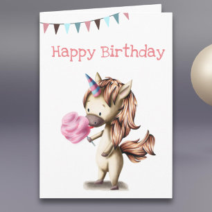 Cute unicorn eating pink cotton candy birthday card