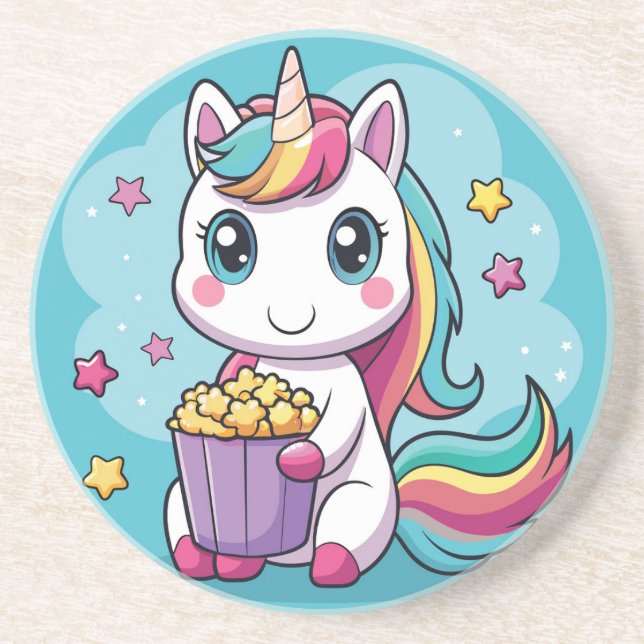 Cute unicorn eating popcorn coaster (Front)