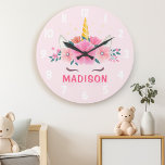 Cute Unicorn Eyelashes Girls Bedroom Wall Clock<br><div class="desc">Cute Unicorn Eyelashes Girls Bedroom Wall Clock. This design features a beautiful unicorn surrounded by gold stars and floral flowers. Pastel pink magical fantasy wall clock for girls. Personalize this custom design with your own name or text.</div>